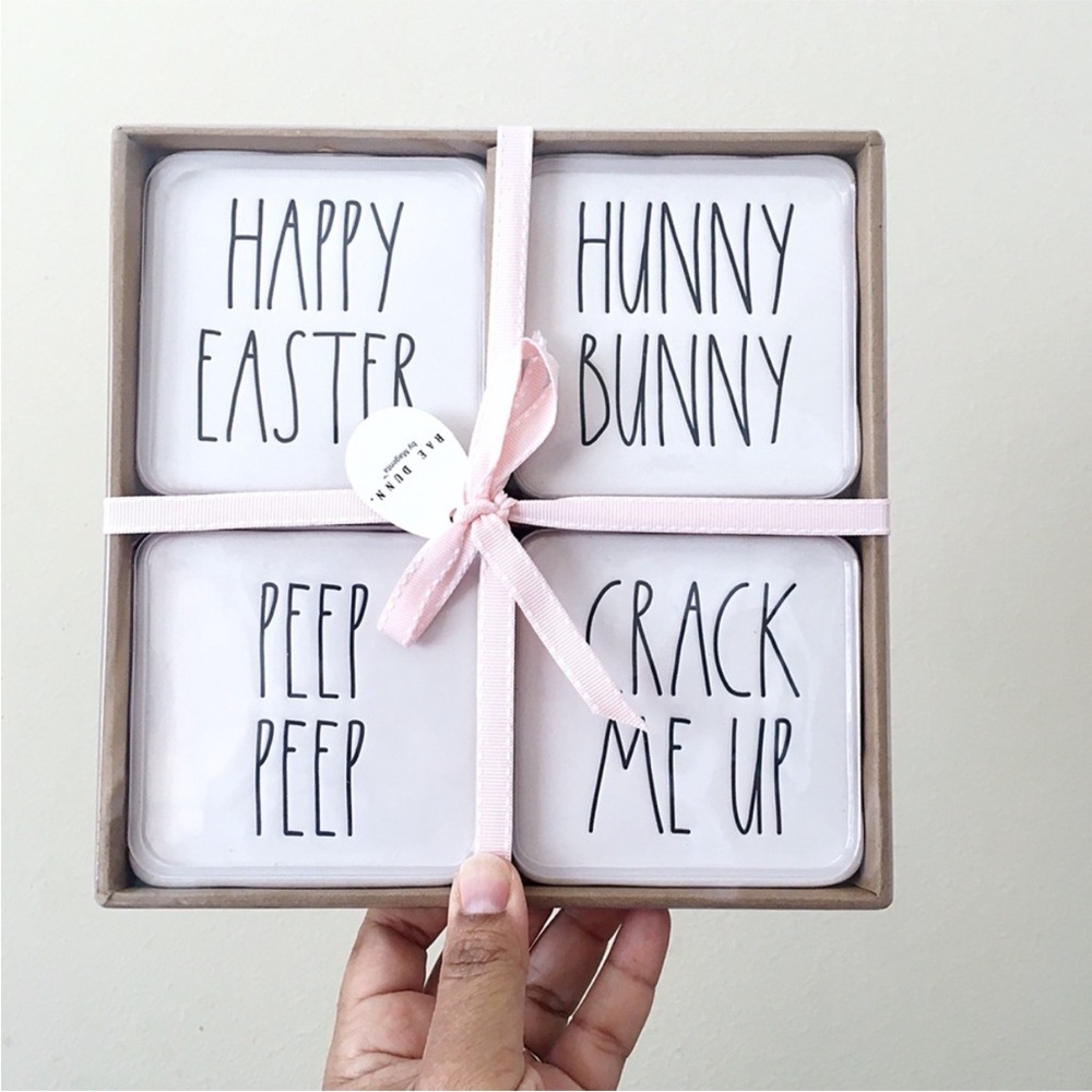 Rae Dunn Happy Easter, Hunny Bunny, Peep Peep, Crack Me Up Ceramic Coaster Set